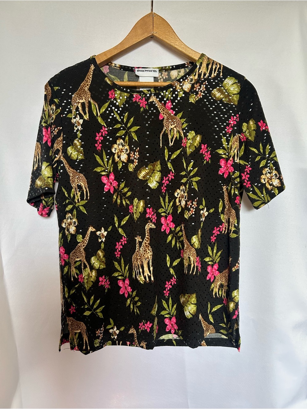Bon Worth Black Giraffe & Floral Short Sleeve Top - Pink & Green